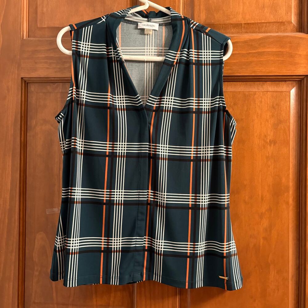 Calvin Klein Plaid Draped V-Neck Sleeveless Top Green Orange Size L